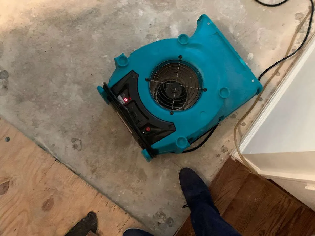 Air mover drying subfloor during Commercial Water Damage Restoration in Edgewood